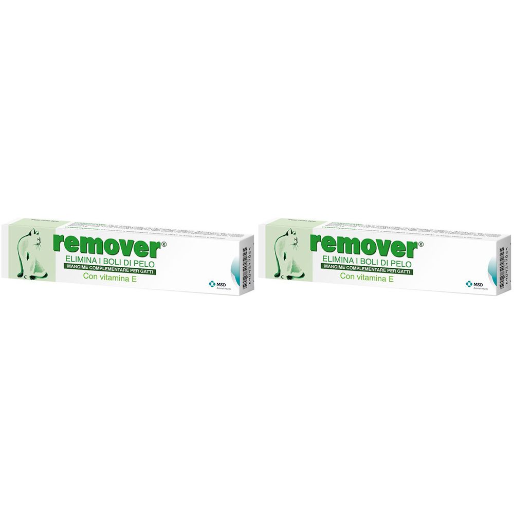 Deux tubes de "Remover" pour chats. Emballage blanc avec texte vert et image de chat. Contient de la vitamine E.