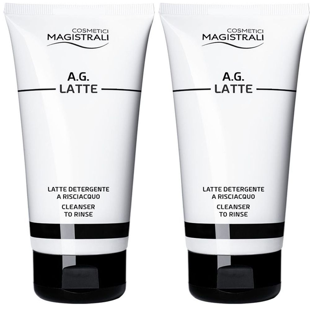 Zwei weiße Tuben mit schwarzem Boden. Aufschrift: A.G. LATTE, LATTE DETERGENTE A RISCIACQUO, CLEANSER TO RINSE. Marke: COSMETICI MAGISTRALI.