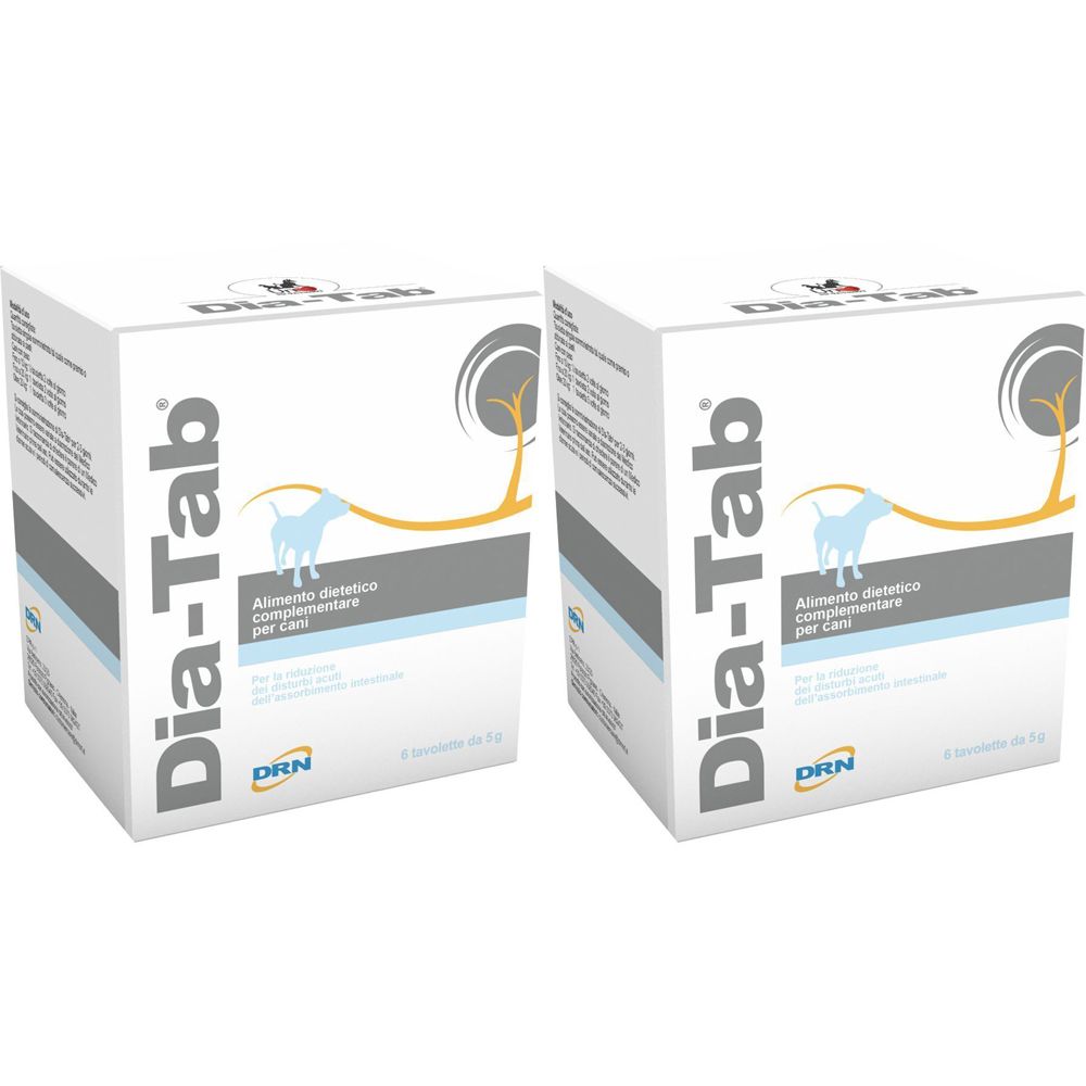 Deux boîtes blanches Dia-Tab. Sur chaque boîte, un dessin de chien. Texte : Alimento dietetico complementare per cani. Marque DRN.
