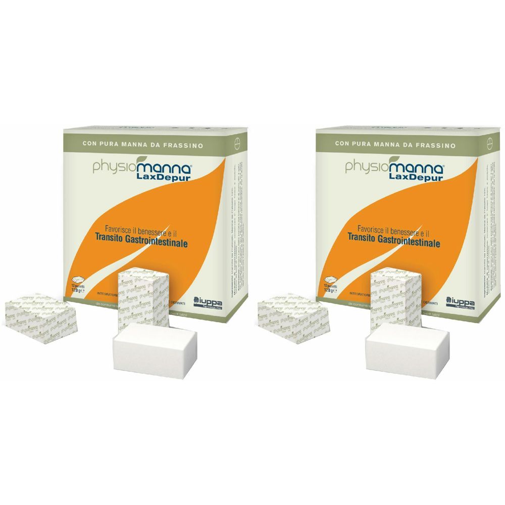 Deux boîtes Physiomanna LaxDepur, avec des tablettes blanches et des petits paquets.
