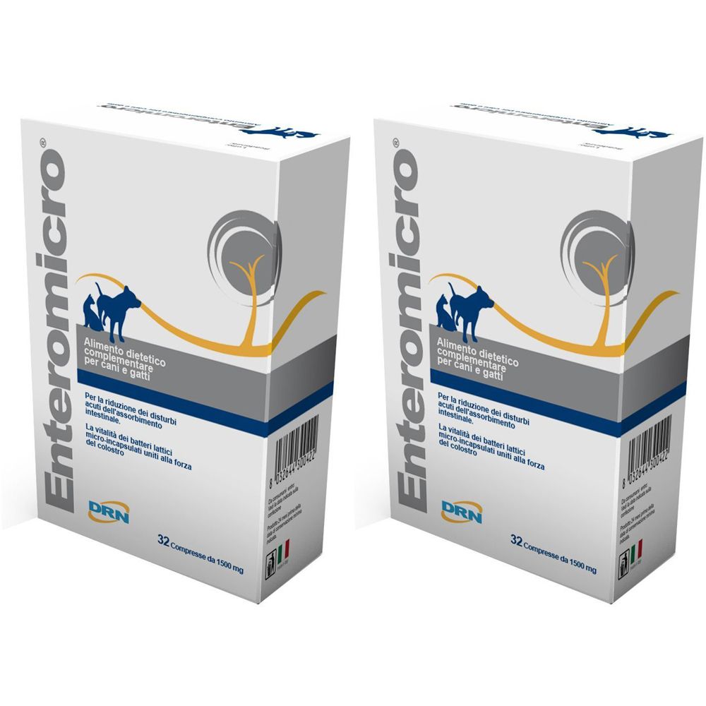 Zwei weiße Kartons mit dem Produktnamen Enteromicro. Aufdrucke: Logo mit Hund und Katze, Text in italienischer Sprache, 32 Tabletten.