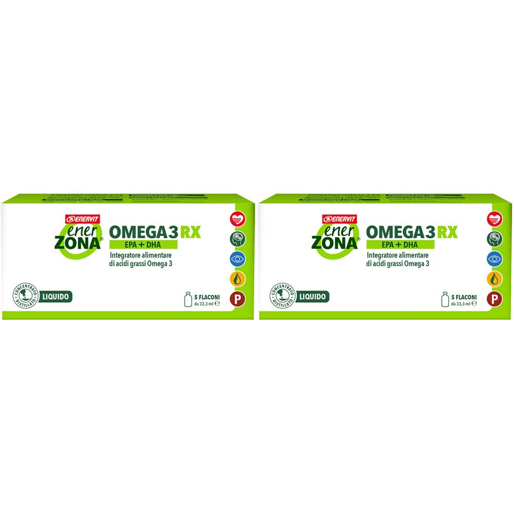 Deux boîtes vertes avec l'inscription "EnerZona Omega3 RX". Logos et texte sont affichés sur chaque boîte.