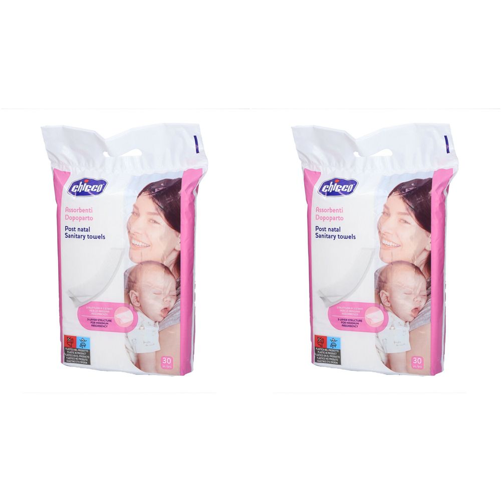 Zwei Packungen postnatale Binden. Rosa und weiße Verpackung mit Abbildung einer Frau und eines Babys. Marke: Chicco.