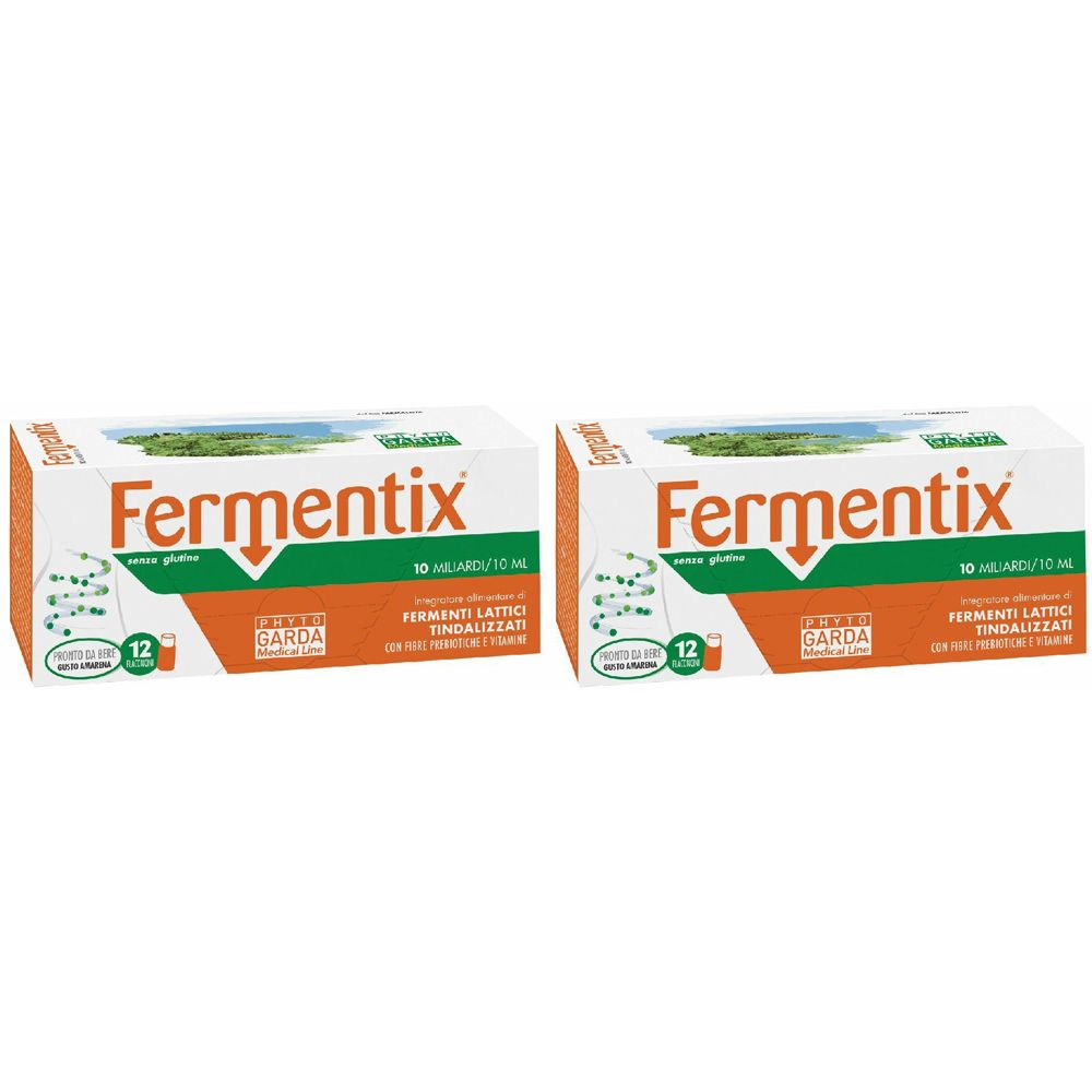 Deux boîtes "Fermentix". Emballage orange et blanc. Texte en italien. Contient 12 flacons.