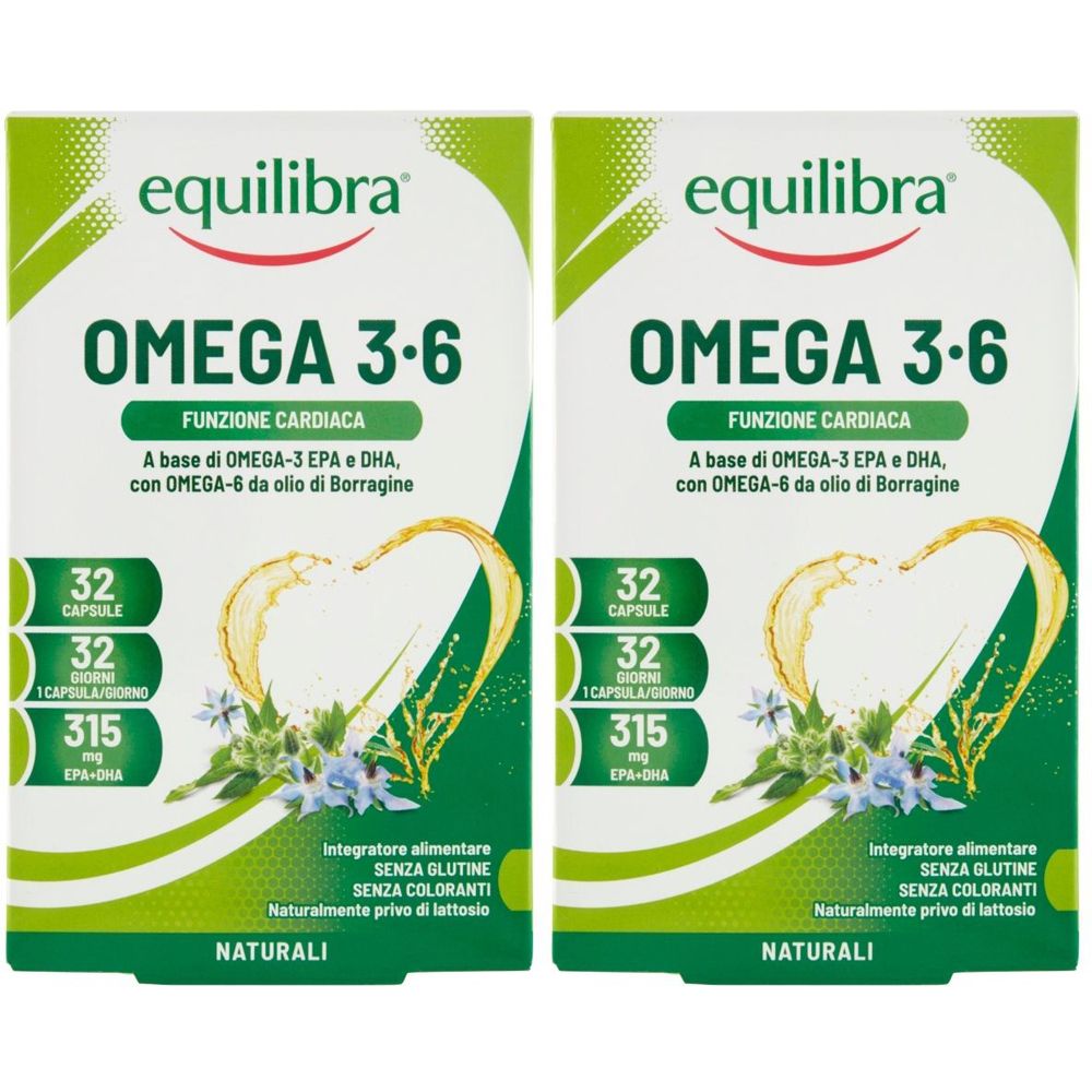 Zwei Packungen Equilibra Omega 3-6. Aufschrift: Omega 3-6, 32 Kapseln, 32 Tage, 315 EPA+DHA. Ohne Gluten, Farbstoffe und Laktose.