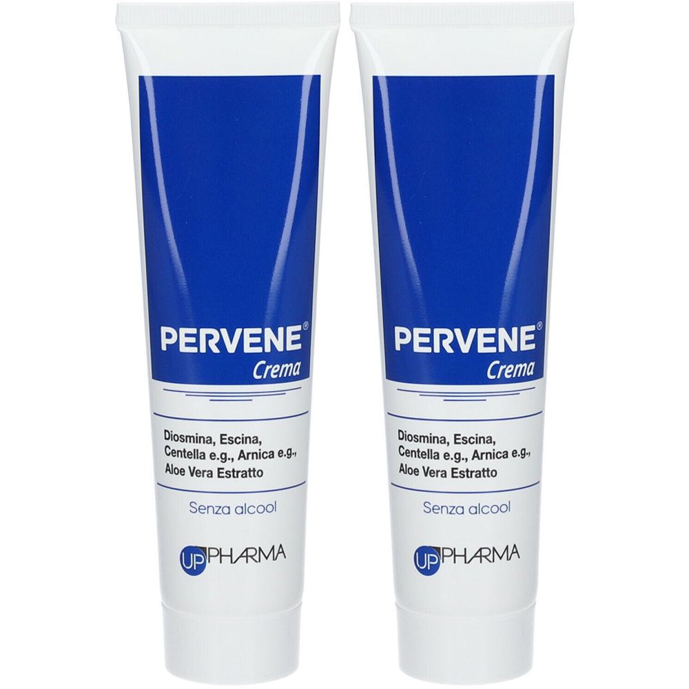 Deux tubes de crème Pervene. Zone bleue, texte blanc. Ingrédients, sans alcool, UP Pharma. Tubes blancs avec bouchons.
