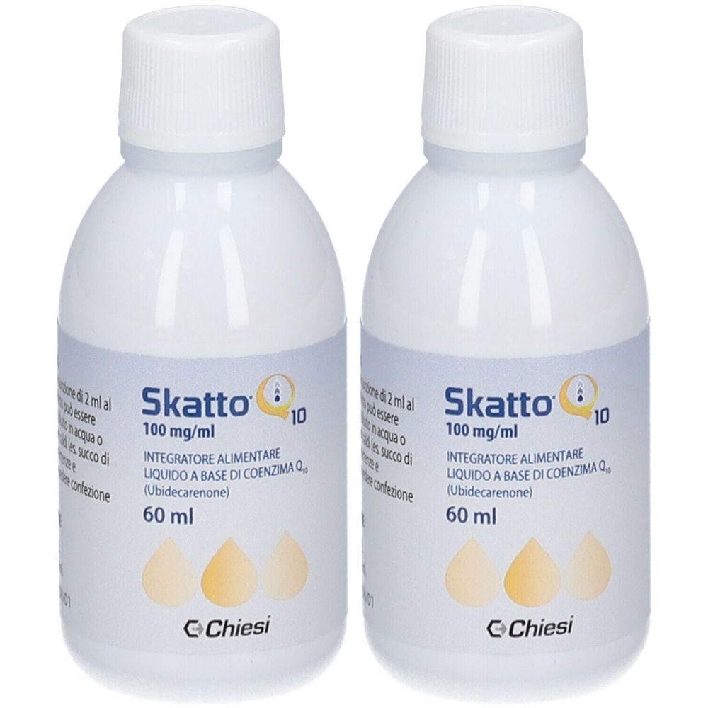 Deux flacons blancs avec l'étiquette Skatto 10. Inscription : 100 mg/ml, complément alimentaire, 60 ml. Marque Chiesi.
