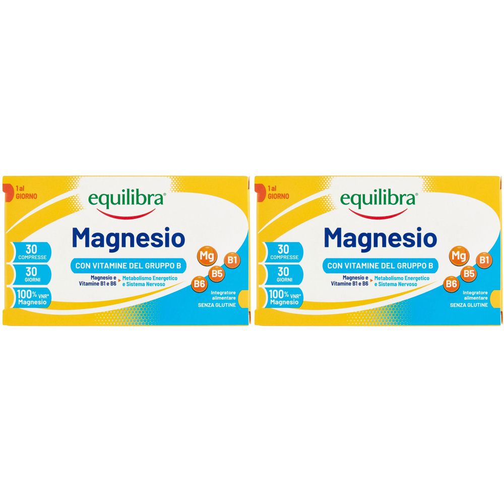 Zwei Packungen Equilibra Magnesio + Vitamine B. Gelb-blaue Verpackung mit Produktnamen und Inhaltsstoffen.
