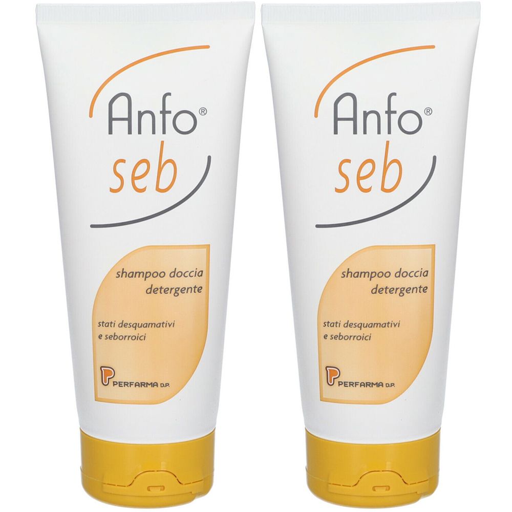 Zwei Tuben Anfo seb Shampoo. Weiße Tuben mit orangefarbener Schrift und gelbem Verschluss. Text: Shampoo doccia detergente.