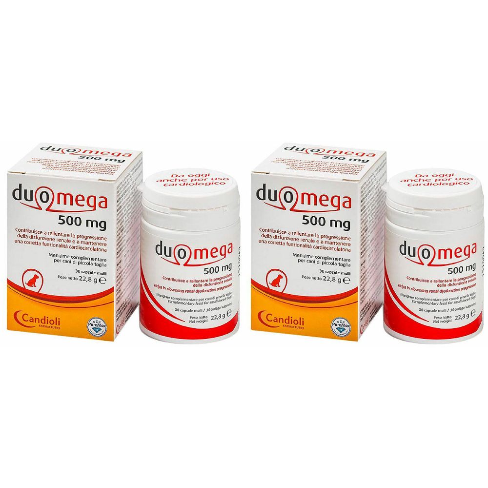 Zwei Kartons und zwei Flaschen mit der Aufschrift "duomega 500 mg". Auf den Verpackungen ist das Logo von Candioli zu sehen.