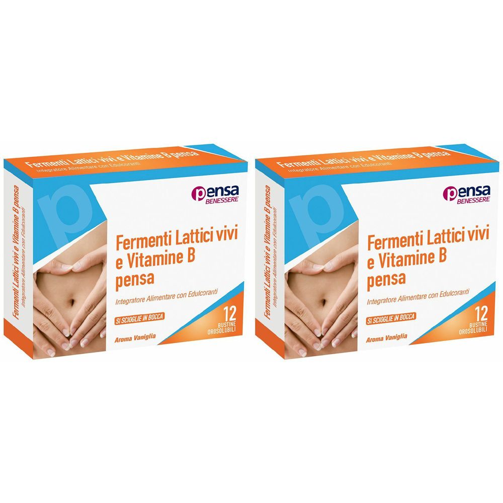 Zwei Schachteln Pensa BENESSERE. Aufschrift: Fermenti Lattici vivi e Vitamine B. Abbildung eines Bauches mit Händen. 12 Stück.