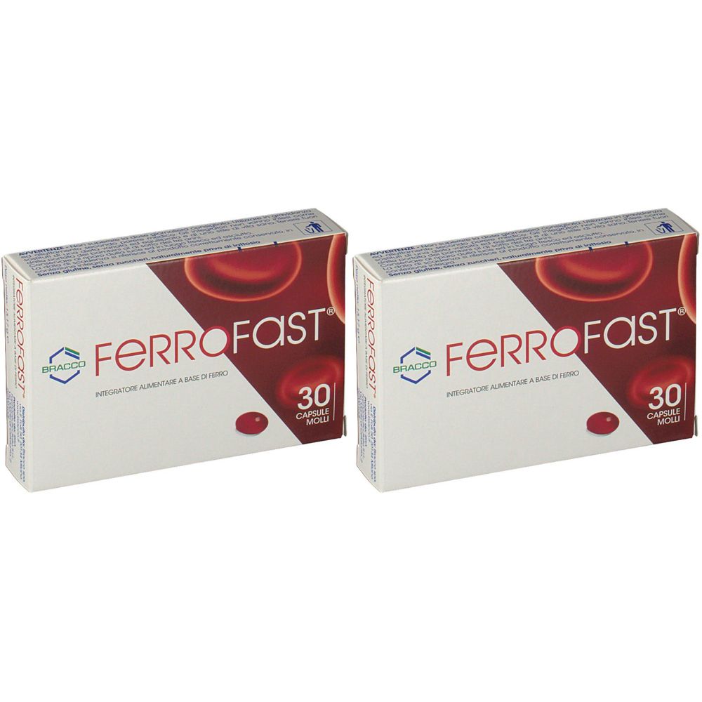 Deux boîtes de capsules "FerroFast". Chaque boîte affiche "30 capsule molli".