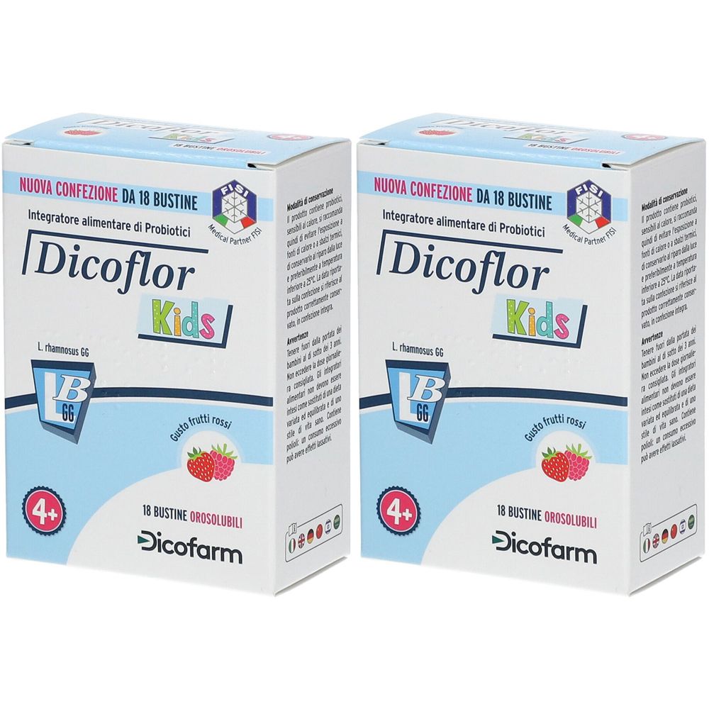 Deux boîtes Dicoflor Kids. Inscription : 18 sachets, 4+, goût framboise. Marque : Dicofarm.
