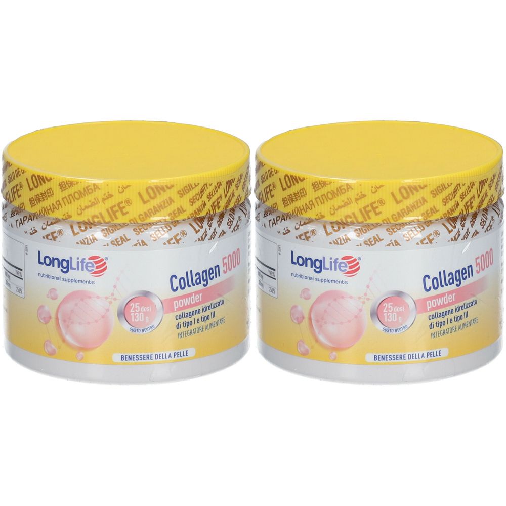Zwei Dosen mit gelben Deckeln. Aufschrift: LongLife Collagen 5000 Powder. Auf der Dose ist ein rosa Kreis abgebildet.