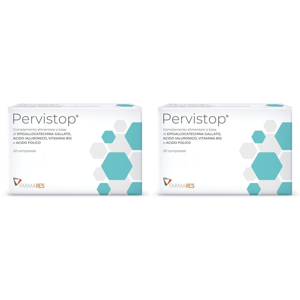 Zwei Schachteln Pervistop. Weiße Verpackung mit türkisfarbenen geometrischen Formen und Produktinformationen. Marke FARMARES.