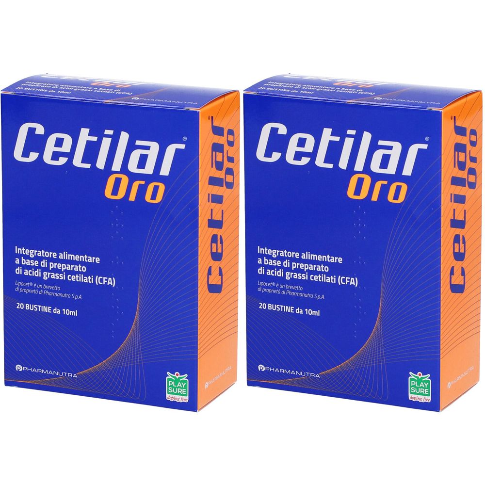 Zwei blaue Schachteln mit der Aufschrift "Cetilar Oro". Text: Nahrungsergänzungsmittel auf Basis von Cetylierten Fettsäuren. 20 Beutel.