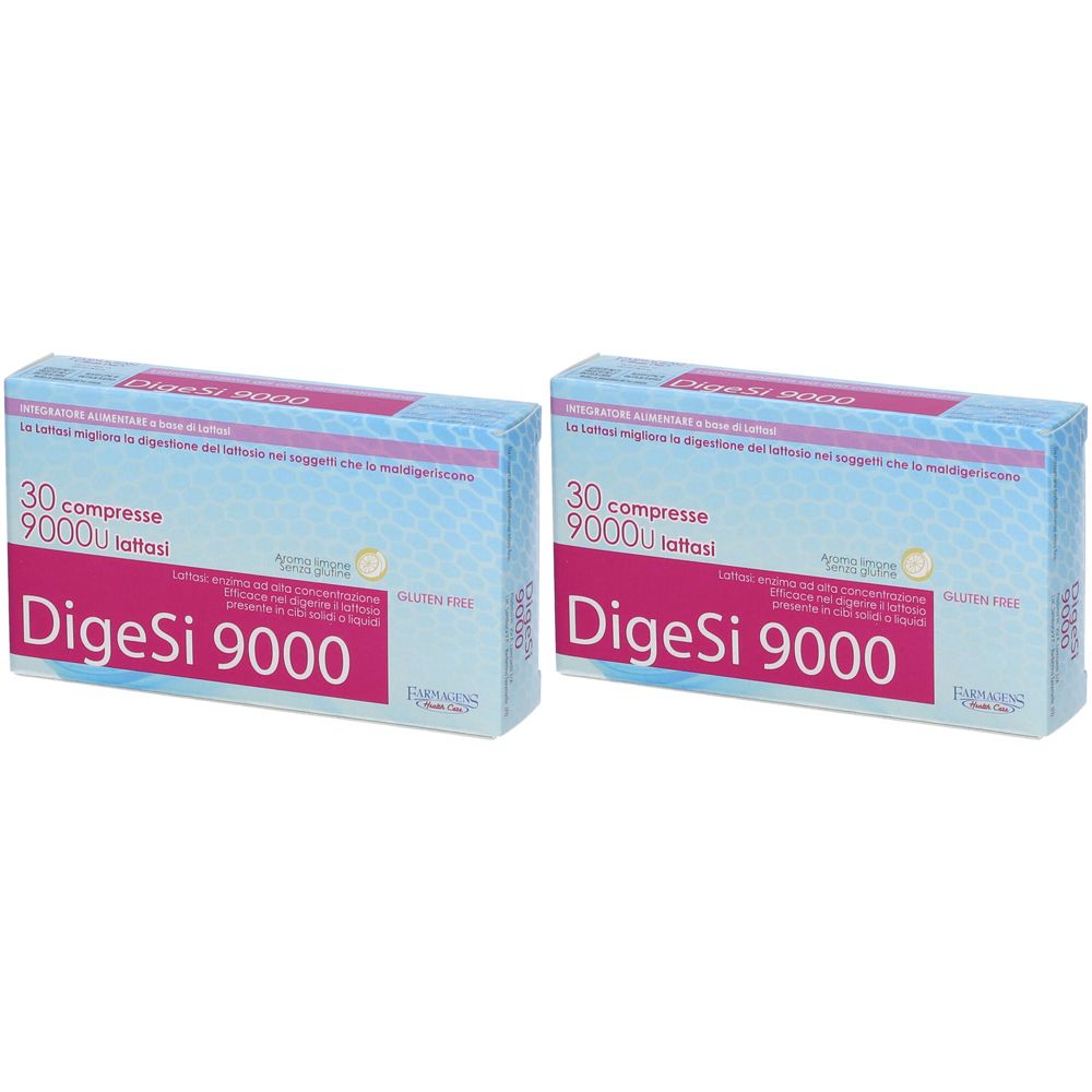 Zwei Schachteln mit der Aufschrift DigeSi 9000. Auf jeder Schachtel steht "30 compresse 9000u lattasi".