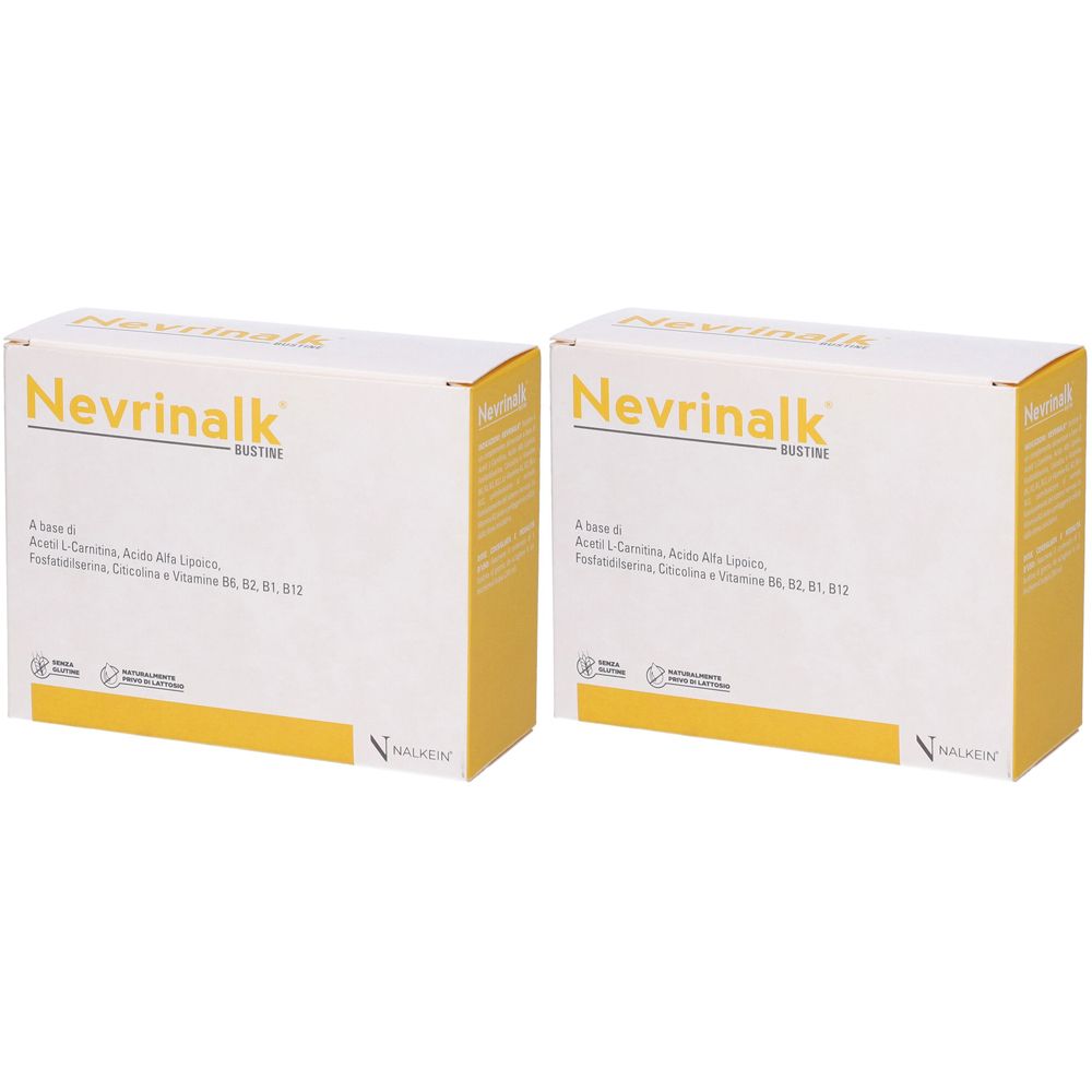 Zwei weiße Kartons mit gelben Akzenten. Aufschrift: Nevrinalk Bustine. Text darunter.