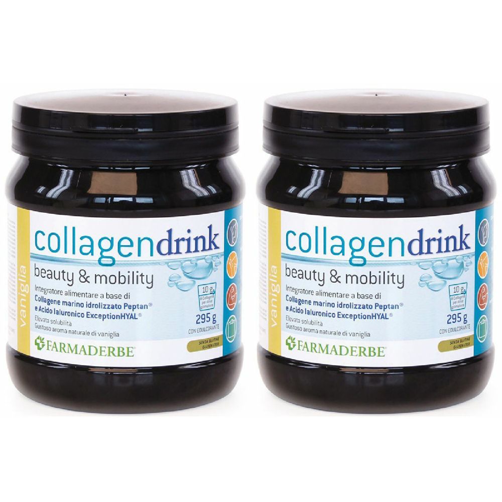 Deux pots noirs avec l'inscription "collagendrink beauty & mobility". Inscription "FARMADERBE".