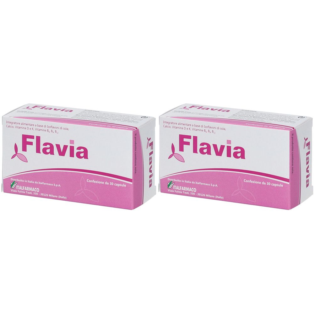 Zwei rechteckige Schachteln. Aufschrift Flavia in Rosa. Verpackung mit 10 Kapseln. Marke: VALFARMACO.