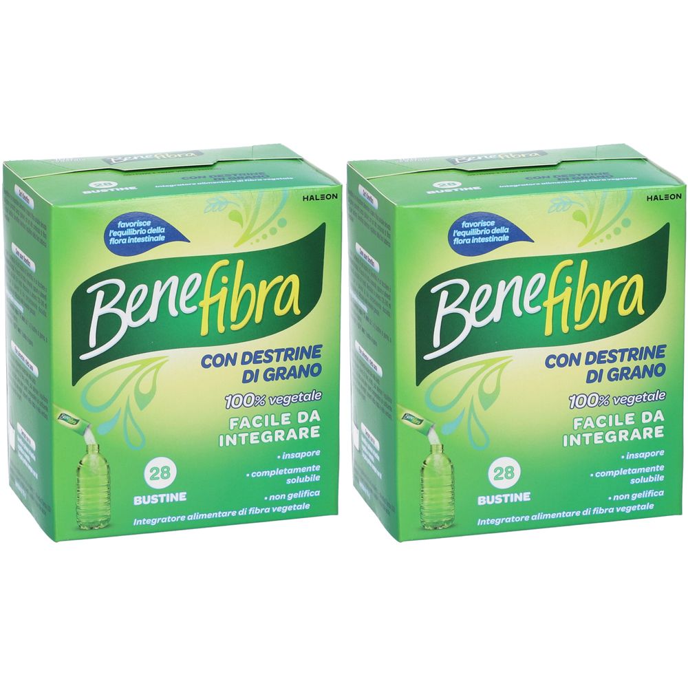 Zwei grüne Schachteln mit der Aufschrift Benefibra. Text: Con destrine di grano, 100% vegetale, facile da integrare. 28 Bustine.