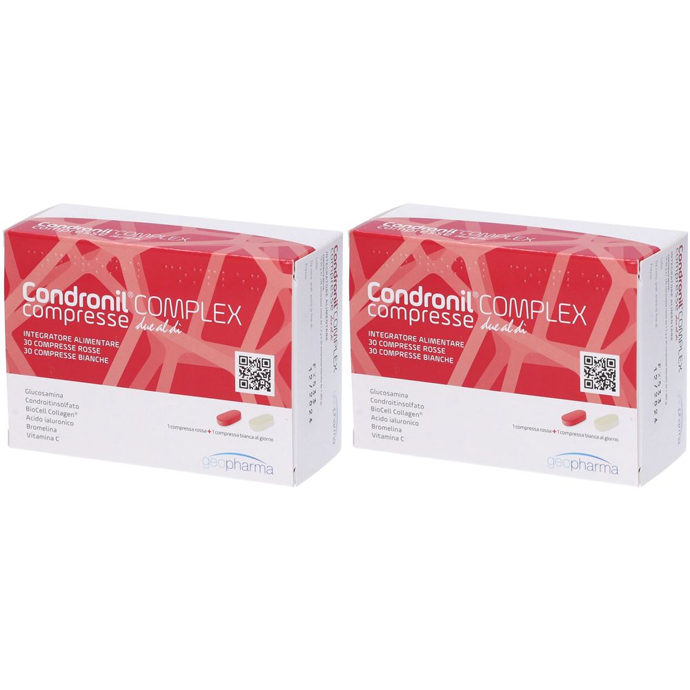 Deux boîtes avec texte rouge et blanc. Inscription: Condronil COMPLEX compresse. En dessous: 30 compresse rosse e bianche.