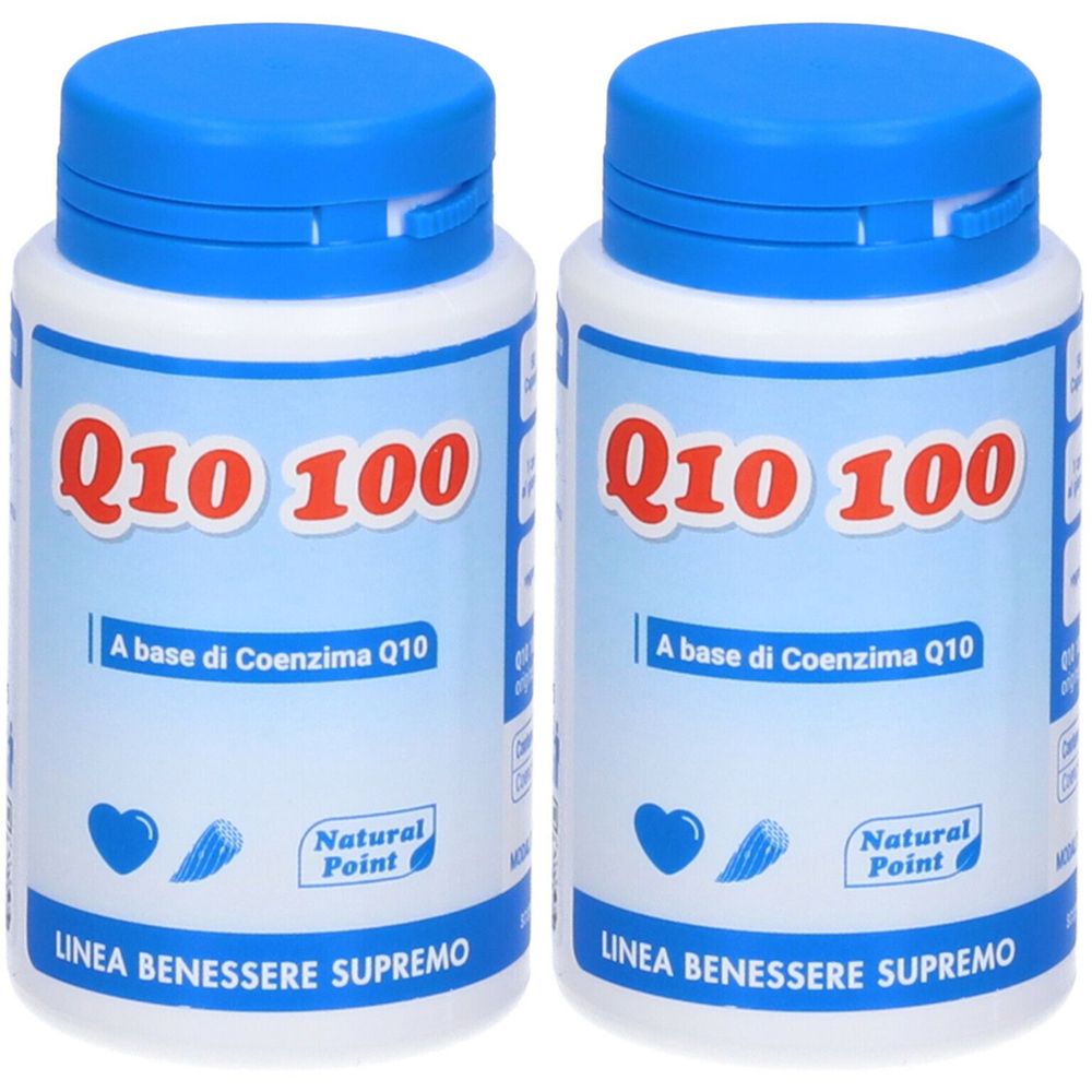 Deux flacons blancs avec bouchons bleus. Inscription rouge Q10 100. En dessous, "A base di Coenzima Q10".
