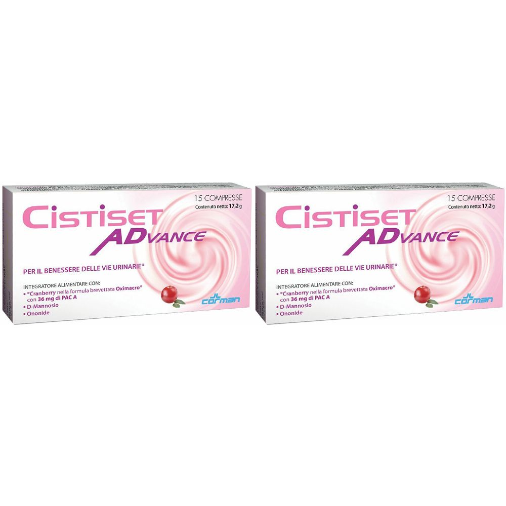 Deux boîtes de Cistiset Advance. Emballage rose avec nom du produit et informations. 15 comprimés par boîte.