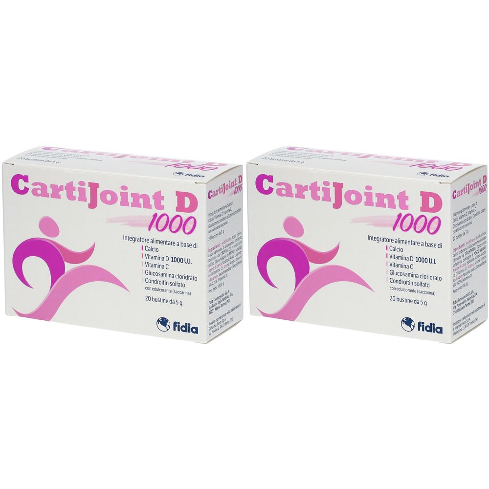 Deux boîtes de CartiJoint D 1000. Logo rose et texte. Contient calcium, vitamine D, vitamine C, glucosamine et chondroïtine. Marque Fidia.