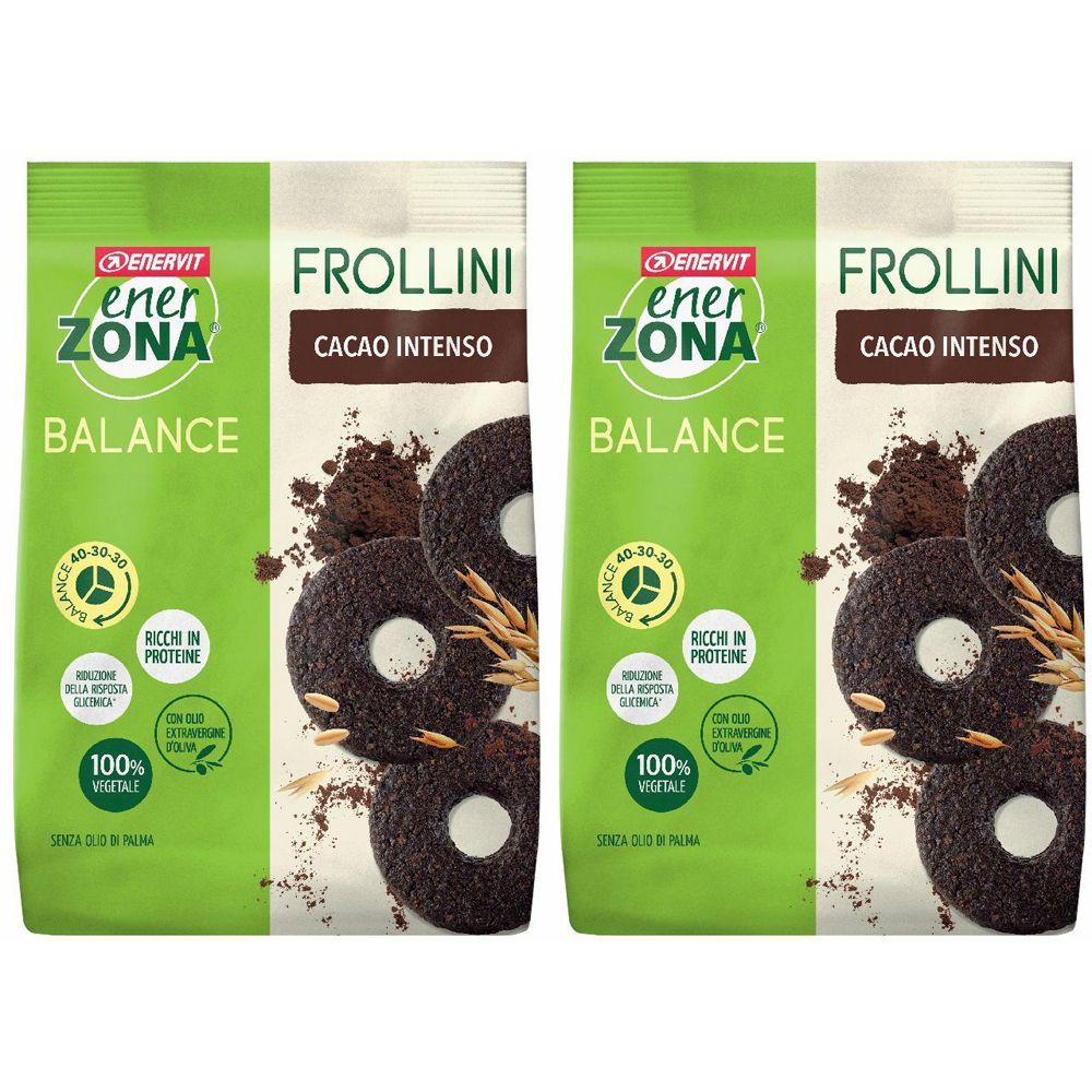 Deux paquets verts de biscuits. Inscription : EnerZona, Frollini Cacao Intenso, Balance. Riches en protéines et 100% végétal.