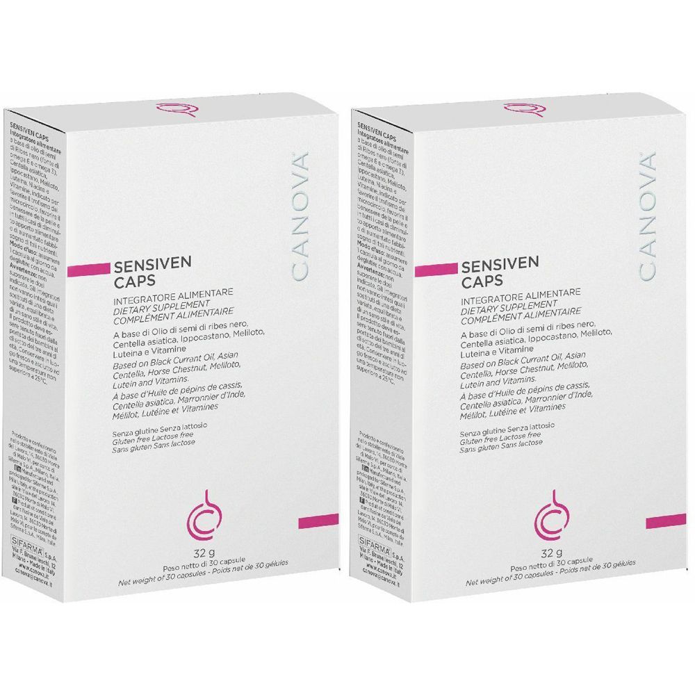 Deux boîtes blanches Sensiven Caps et Canova. Accents roses. 32g.