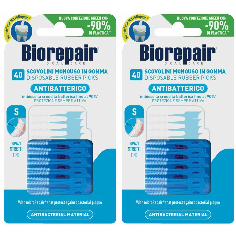 Deux paquets de Biorepair. Chaque paquet contient 40 cure-dents en caoutchouc bleus. Antibactérien.