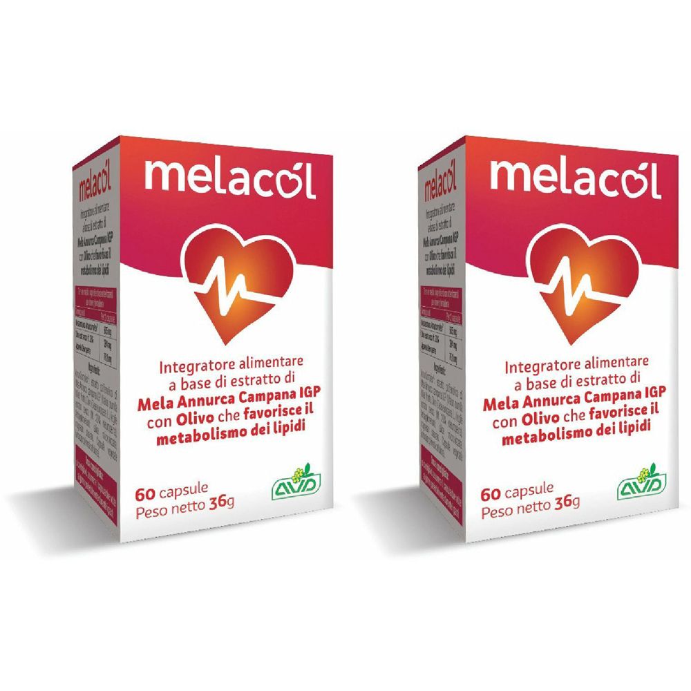 Zwei Schachteln mit "melacol"-Aufdruck. Rote und weiße Verpackung mit Herz-Logo und Text. Enthält 60 Kapseln.