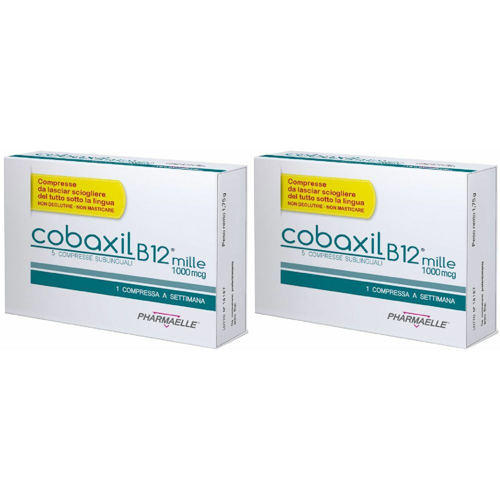 Deux boîtes de Cobaxil B12 mille. Inscription : Compresse da lasciar sciogliere, 1000 mcg, 1 compresse a settimana. Marque : Pharmaelle.