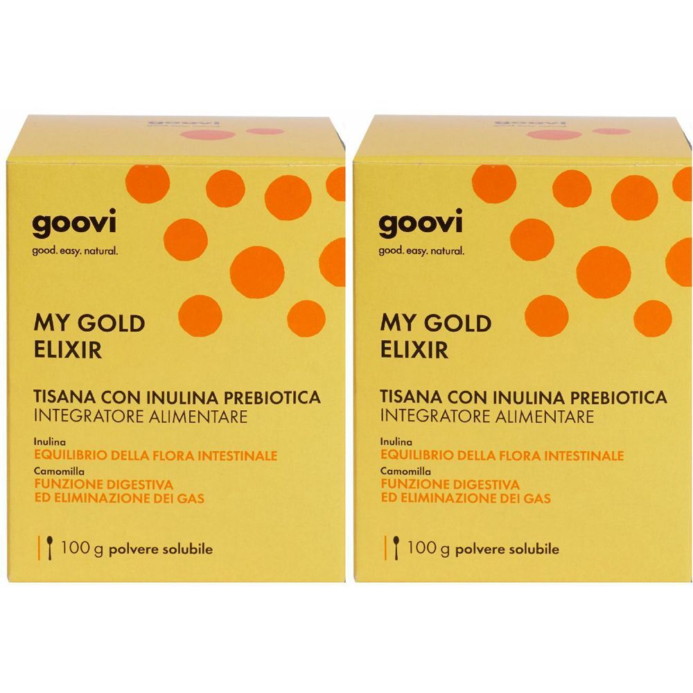 Deux boîtes jaunes avec informations produit. Inscription: Goovi, My Gold Elixir, Tisana con Inulina Prebiotica. 100 g de poudre.