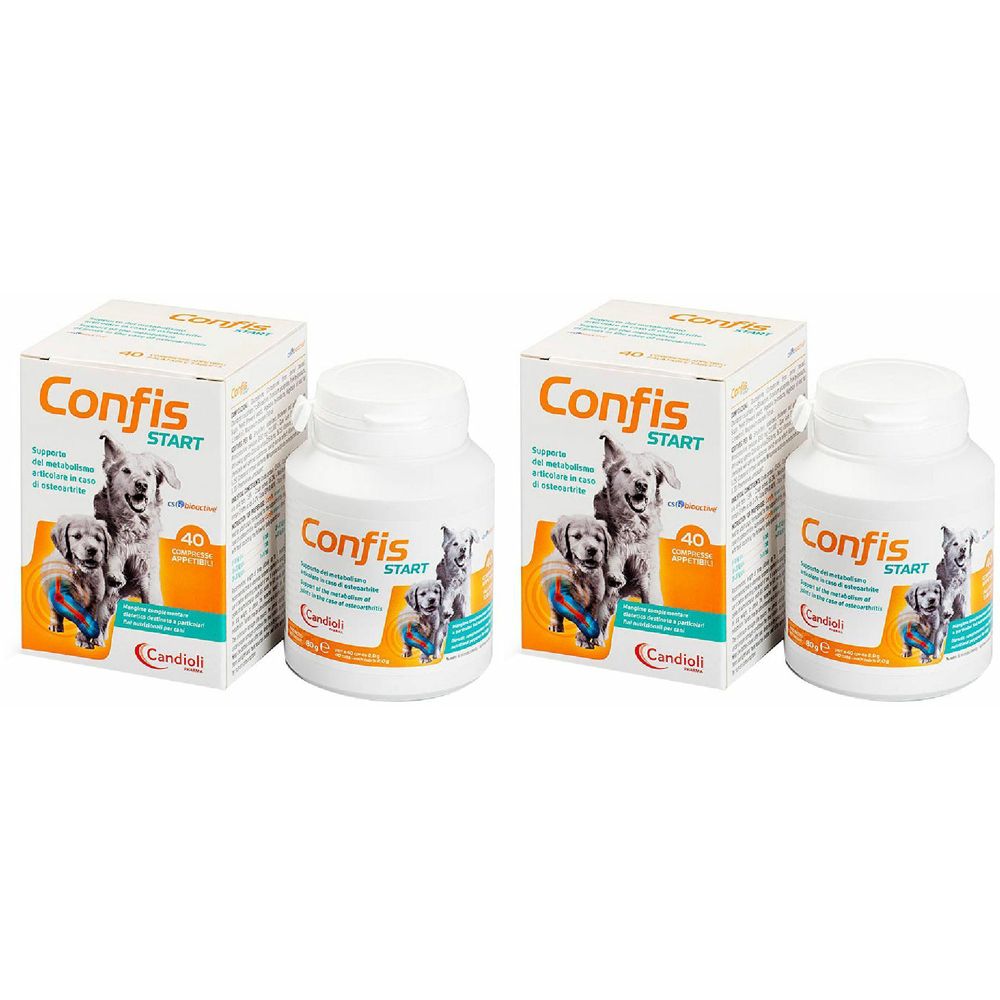 Zwei weiße Flaschen und zwei Kartons mit dem Aufdruck "Confis Start". Auf den Verpackungen sind Hunde abgebildet.