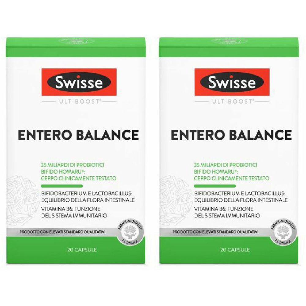 Deux boîtes blanches avec couvercles verts. Marque Swisse, nom du produit Entero Balance et autres informations imprimées.