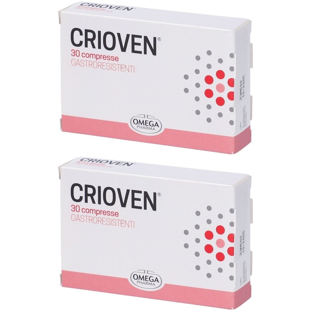 Deux boîtes blanches avec texte rouge et blanc. Chaque boîte affiche "Crioven" et "30 compresse filmate". Logo Omega en bas.