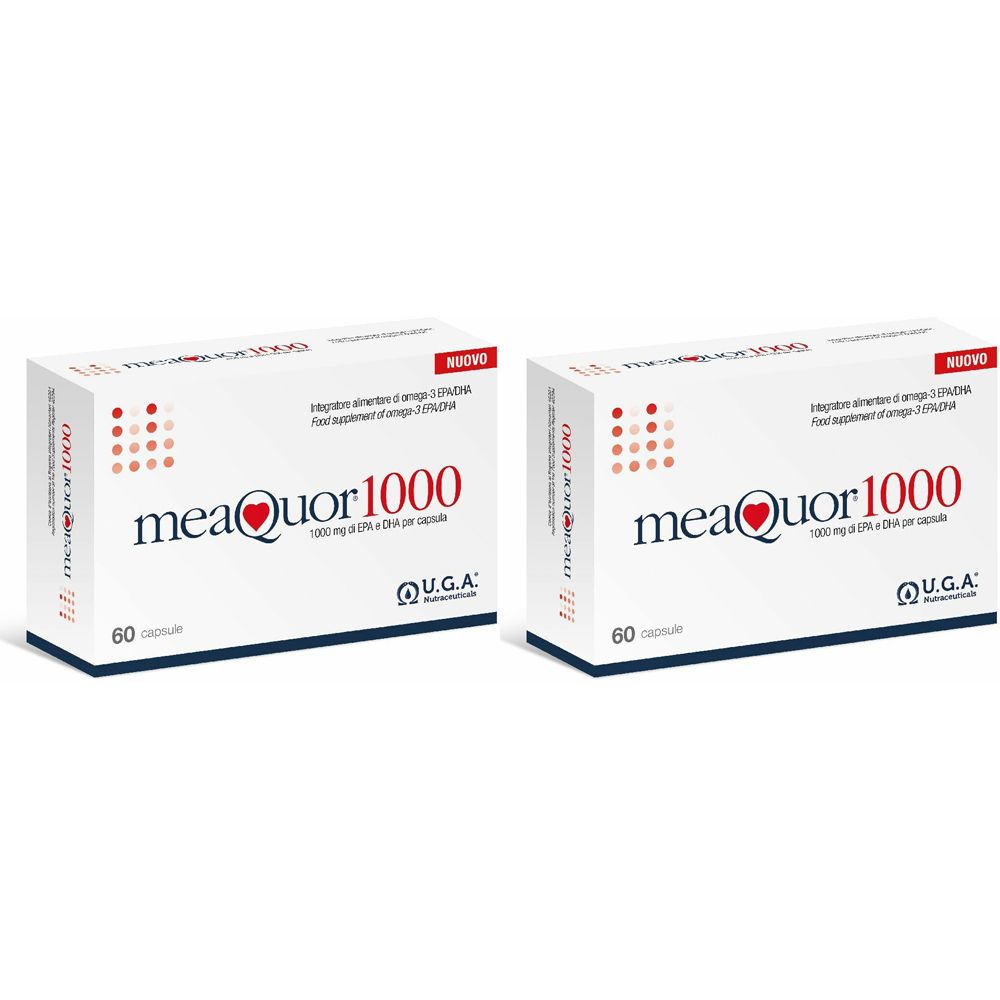 Deux boîtes blanches avec "meaQuor 1000". Chaque boîte contient 60 gélules. "NUOVO" est écrit sur chaque boîte.