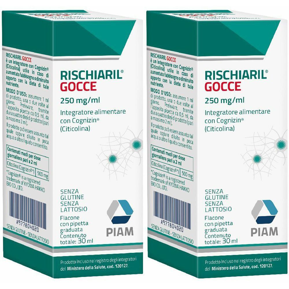 Zwei Schachteln RISCHIARIL Gocce. Aufschrift: 250 mg/ml, Integratore alimentare con Cognizin (Citicolina). Flaschen mit Pipette.