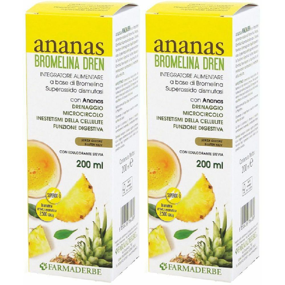 Zwei Kartons mit Produktaufdruck. Text: Ananas Bromelina Dren, 200 ml. Abbildung von Ananas und Blättern. Marke: Farmaderbe.
