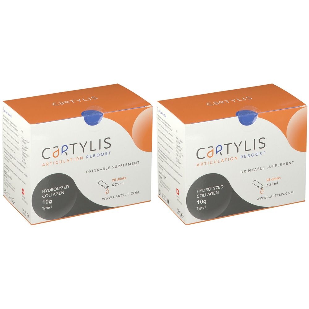 Zwei Kartons CARTYLIS. Weiß mit orangefarbener Oberseite. Aufschrift: CARTYLIS, ARTICULATION REBOOST, DRINKABLE SUPPLEMENT, HYDROLYZED COLLAGEN 10g.