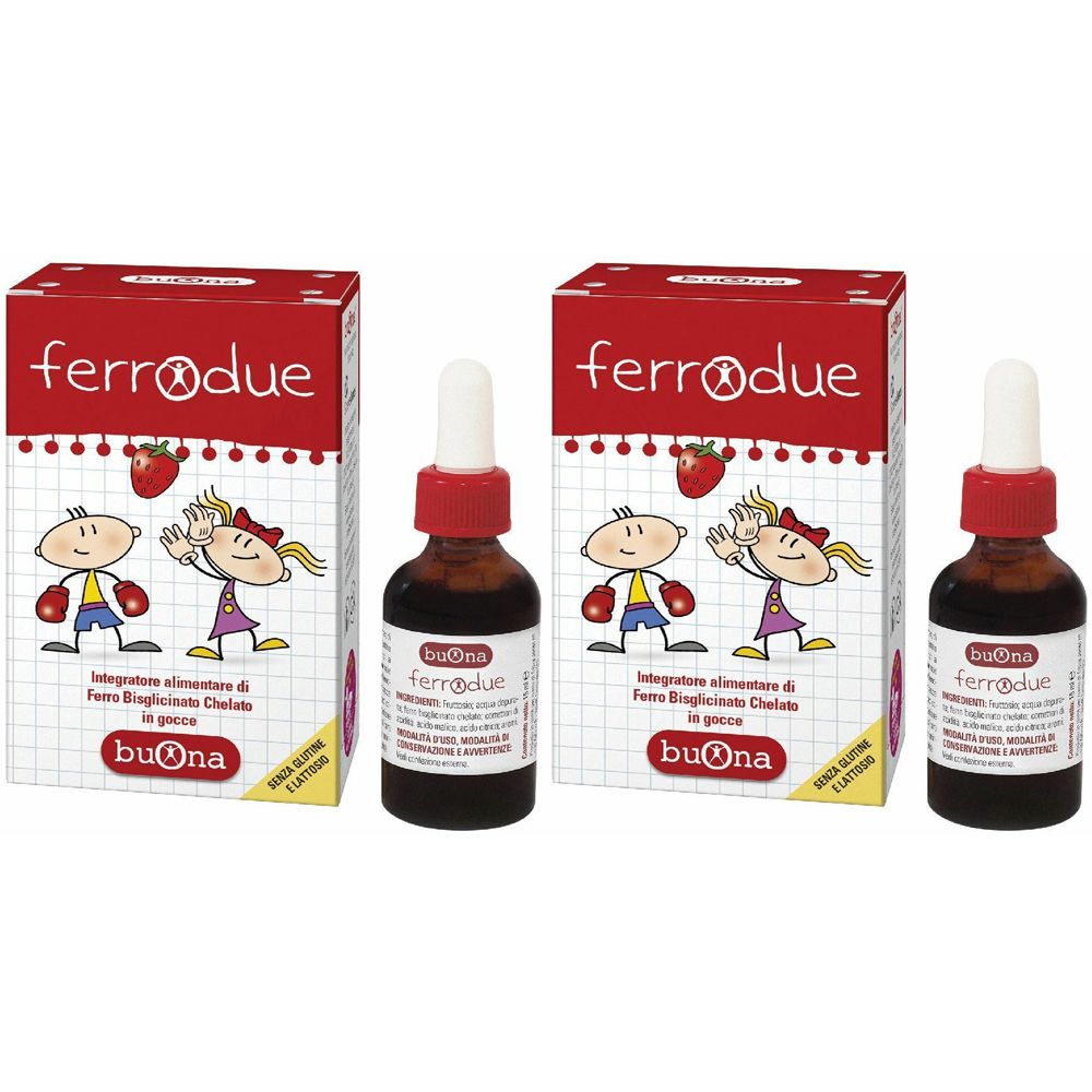 Zwei Flaschen mit roter Kappe und Pipette, daneben zwei Kartons mit dem Schriftzug „ferrodue“ und Kinderzeichnung.