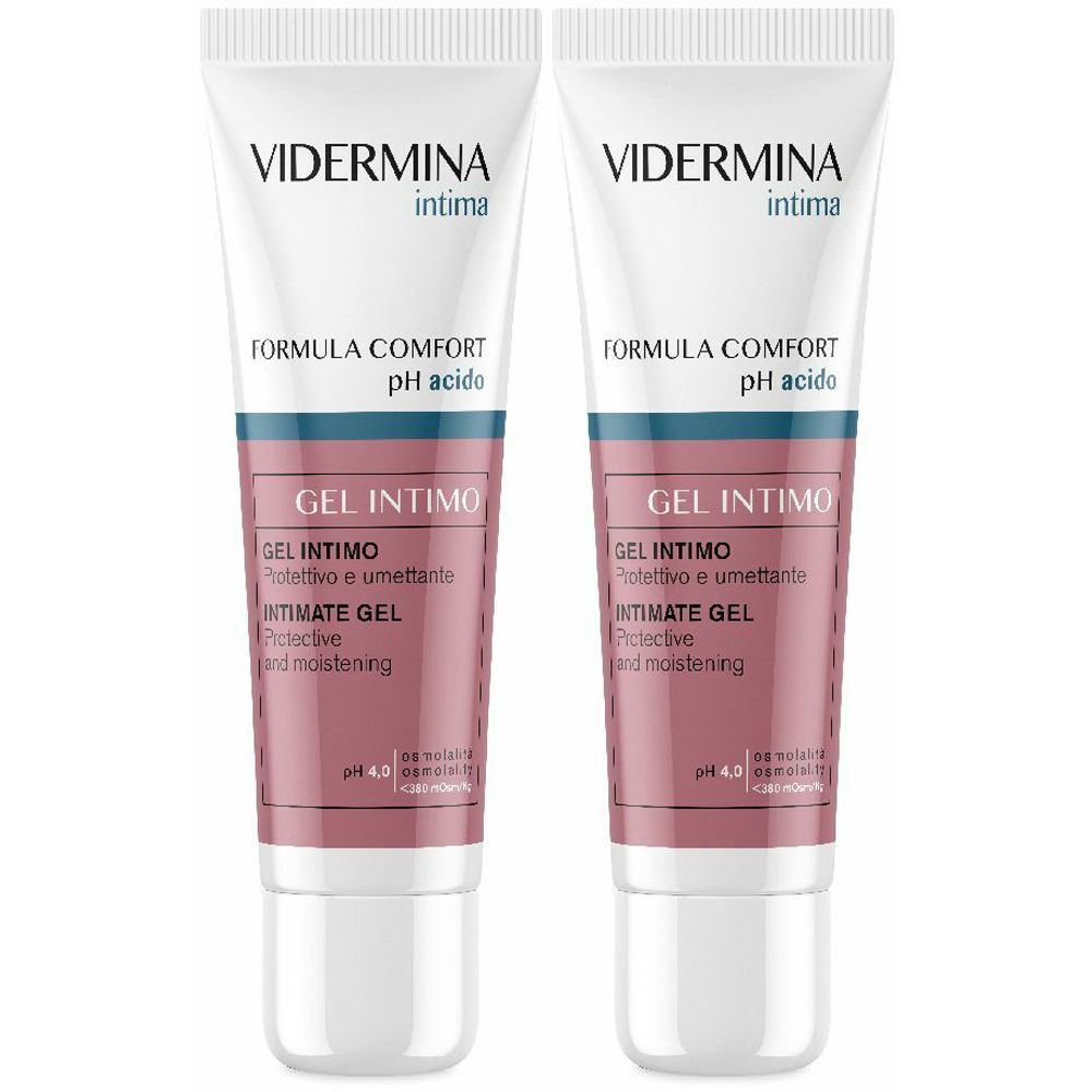 Zwei Tuben Intim-Gel. Aufschrift: VIDERMINA intima, FORMULA COMFORT, GEL INTIMO, pH 4.0.