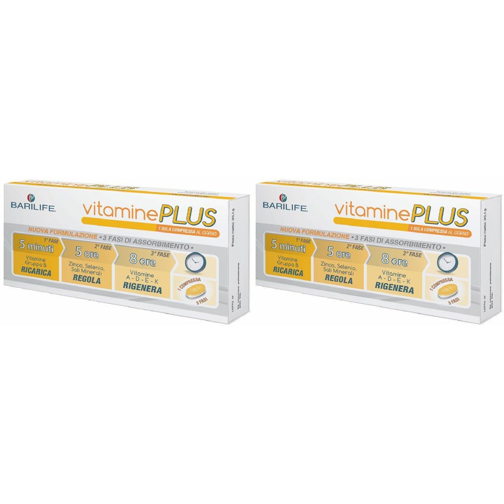 Deux boîtes de comprimés "Barilife vitaminePLUS". Inscriptions : "Ricarica", "Regola", "Rigenera".