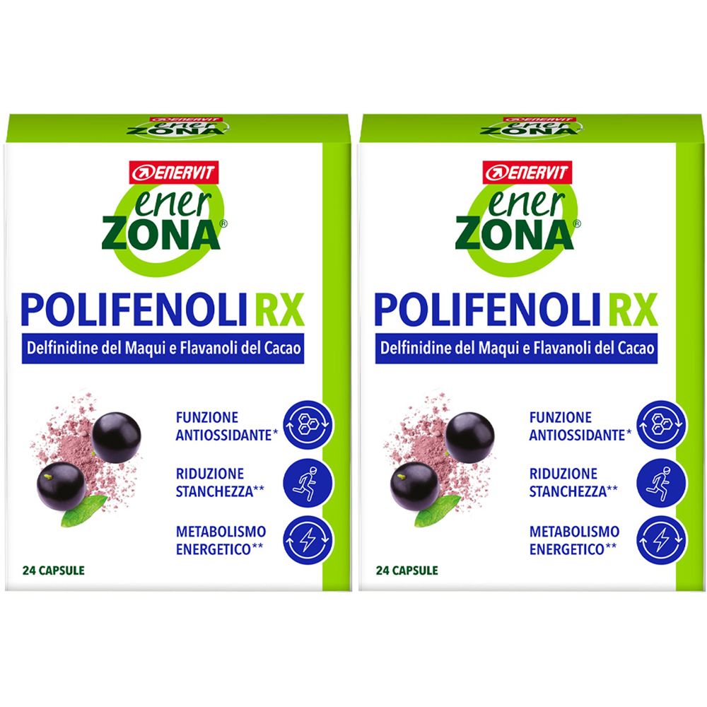 Zwei grüne Schachteln mit Produktinformationen. Aufschrift: POLIFENOLI RX, 24 Kapseln. Logos und Illustrationen.