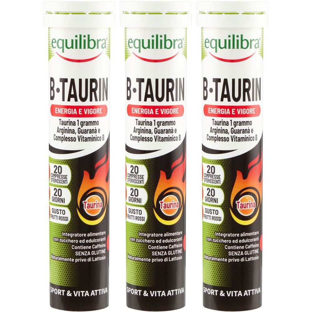 Drei zylindrische Behälter mit der Aufschrift Equilibra B-Taurin. Aufschrift: Energie und Kraft, 20 Tabletten, Geschmack: rote Früchte.
