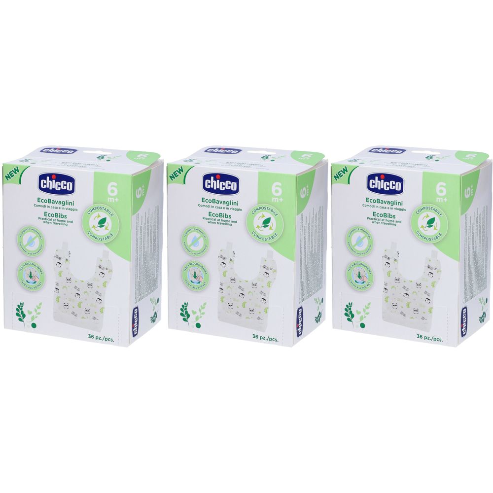 Trois boîtes de bavoirs jetables Chicco Eco. Chaque boîte contient 6 pièces. Emballage vert et blanc, avec logo et informations sur le produit.