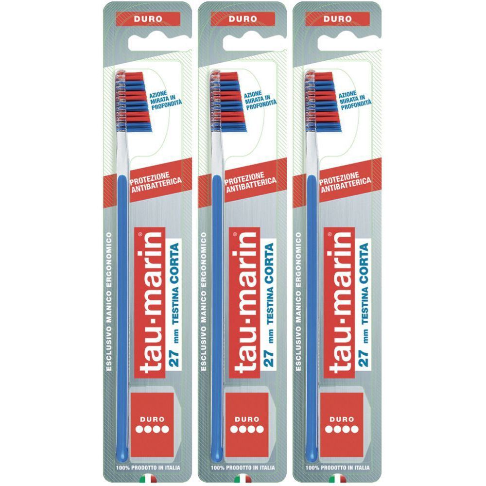 Trois brosses à dents emballées. Manches bleus, soies rouges et bleues. Inscription : tau-marin, 27 mm Testina Corta, Duro.