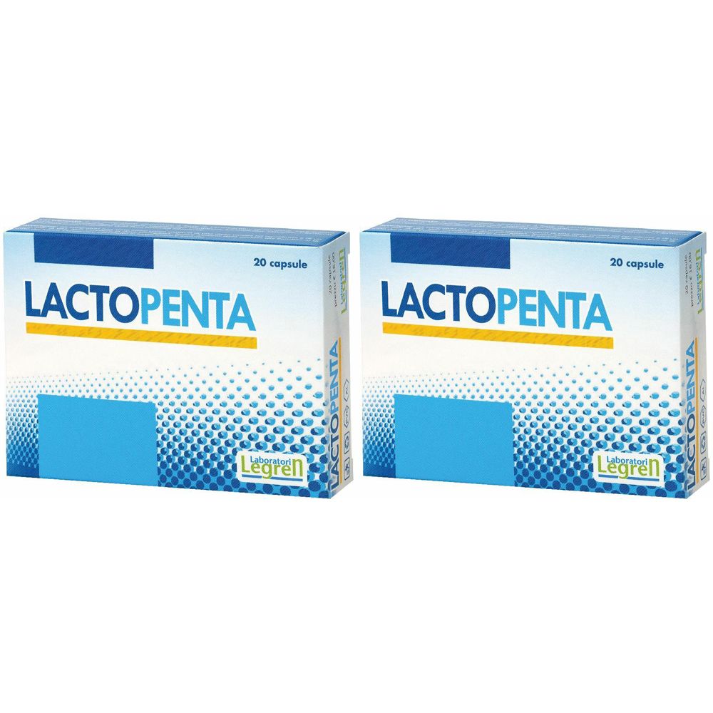 Deux boîtes LACTOPENTA. Emballage bleu et blanc avec 20 capsules. Marque : Legren.
